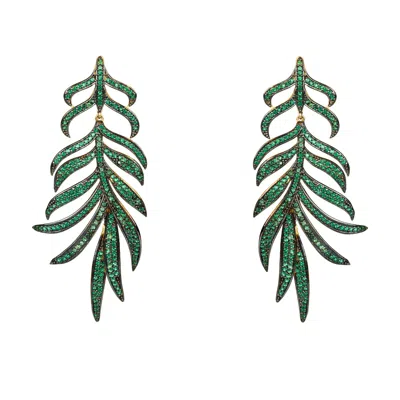 Latelita Women's Gold / Green Feathered Leaf Statement Drop Earrings Green Cz In Multi