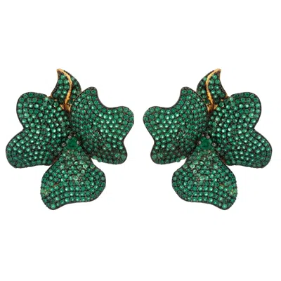 Latelita Women's Gold / Green Flower Large Clip On Stud Earrings Gold Emerald Green In Multi