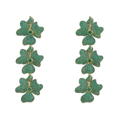 Latelita Women's Gold / Green Jasmine Flower Triple Drop Earrings Gold Emerald Green In Multi