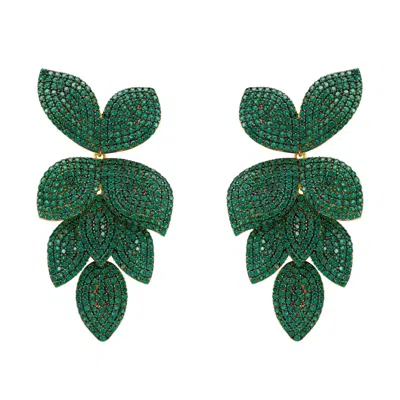 Latelita Women's Gold / Green Petal Cascading Flower Clip On Earrings Gold Green Cz In Multi