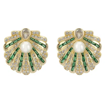 Latelita Women's Gold / Green / White Art Deco Scallop Shell Earrings Emerald Green With Pearl Gold In Multi