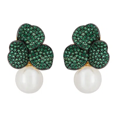 Latelita Women's Gold / Green / White Iris Flower And Pearl Dangle Earrings Emerald Gold