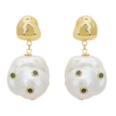 Latelita Women's Gold / Green / White Polka Dot Baroque Pearl Drop Earrings Gold Emerald In Multi
