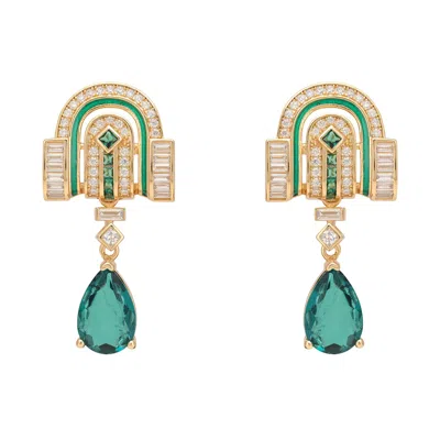 Latelita Women's Gold / Green / White Savoy Art Deco  Drop Earrings Emerald Gold In Multi