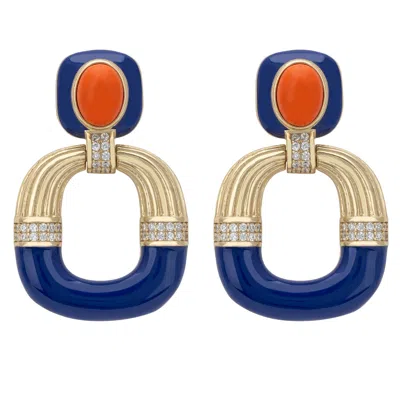 Latelita Women's Gold / Orange / Blue Deco Darling Drop Earrings Blue Enamel Gold In Multi