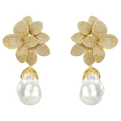Latelita Women's Gold / White Amaryllis Flower Baroque Pearl Drop Earrings White Gold In Multi