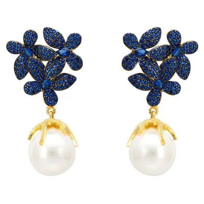 Latelita Women's Gold / White / Blue Flowers Pearl Earrings Sapphire Blue Gold In Multi