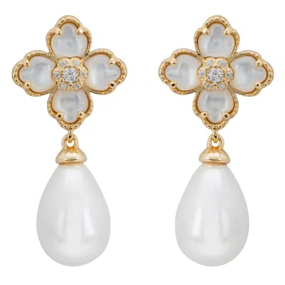 Latelita Women's Gold / White Flower Clover Pearl Drop Earrings Mother Of Pearl Gold In Multi
