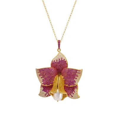 Latelita Women's Gold / White / Pink Daffodil With Pearl Pendant Necklace Gold Ruby Cz In Multi
