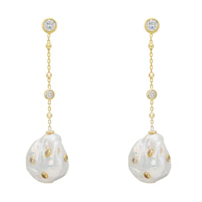 Latelita Women's Gold / White Polka Dot Baroque Pearl Chain Drop Earrings Gold Cz In Multi
