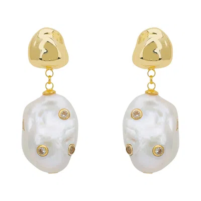 Latelita Women's Gold / White Polka Dot Baroque Pearl Drop Earrings Gold Clear Quartz In Multi