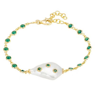 Latelita Women's Green / Gold / White Polka Dot Baroque Pearl Bracelet Gold Emerald In Multi