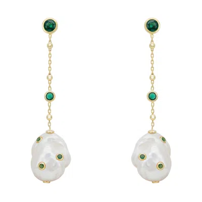 Latelita Women's Green / Gold / White Polka Dot Baroque Pearl Chain Drop Earrings Gold Emerald In Gray