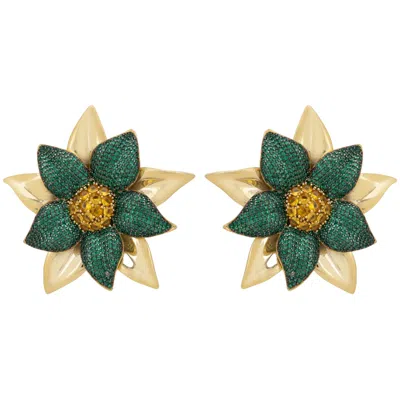 Latelita Women's Green / Gold / Yellow Marguerite Daisy Flower Large Stud Earrings Emerald Gold In Multi