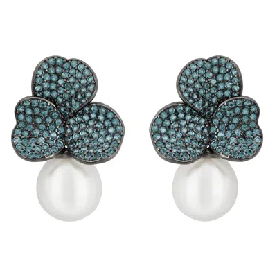 Latelita Women's Green / Silver / Blue Iris Flower And Pearl Dangle Earrings Aqua Silver In Multi