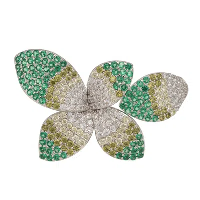Latelita Women's Green / Silver / White Camillia Flower Cocktail Ring Green Silver In Multi