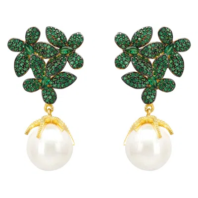 Latelita Women's Green / White / Gold Flowers Pearl Earrings Emerald Green Gold In Multi