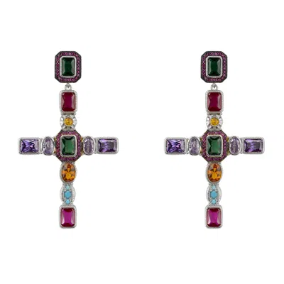 Latelita Women's Maria Extra Large Gemstone Fashion Earrings Silver Cross In Multi