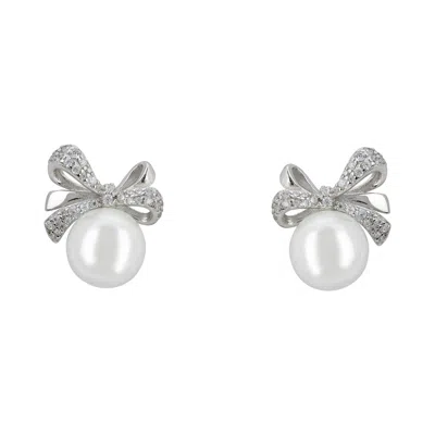 Latelita Women's Neutrals / Silver / White Ribbon Bow Pearl Stud Earrings Silver