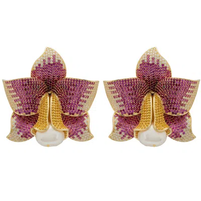 Latelita Women's Orange Daffodil With Pearl Earrings Gold Ruby Cz