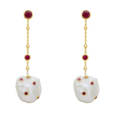 Latelita Women's Red / White / Gold Polka Dot Baroque Pearl Chain Drop Earrings Gold Ruby In Multi