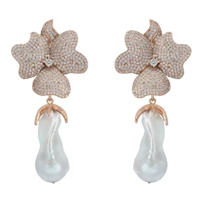Latelita Women's Rose Gold / White Baroque Pearl White Flower Clip On Drop Earrings Rosegold