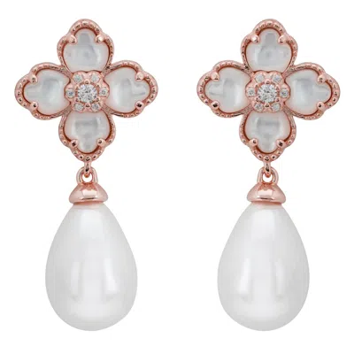 Latelita Women's Rose Gold / White Flower Clover Pearl Drop Earrings Mother Of Pearl Rosegold In Metallic