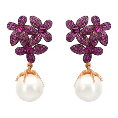 Latelita Women's Rose Gold / White / Purple Flowers Pearl Earrings Ruby Pink Rosegold