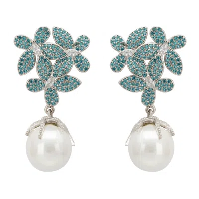 Latelita Women's Silver / Blue Flowers Pearl Earrings Aqua Blue Silver In Green