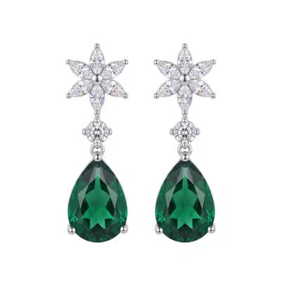 Latelita Women's Silver / Green / White Sunflower Emerald Drop Earrings Silver In Silver/green/white