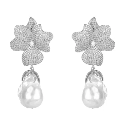Latelita Women's Silver / White Baroque Pearl White Flower Drop Earrings Silver In Multi