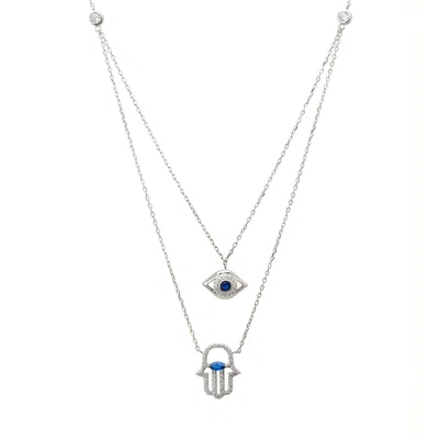 Latelita Women's Silver / White / Blue Hamsa Hand And Evil Eye Layered Necklace Silver In Multi
