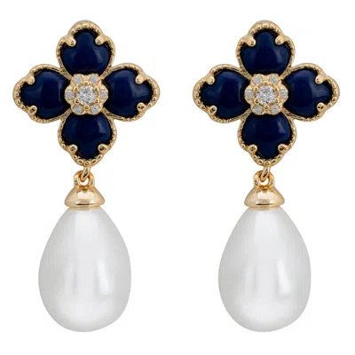 Latelita Women's White / Blue / Gold Flower Clover Pearl Drop Earrings Lapis Lazuli Gold In Multi