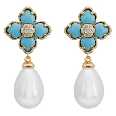 Latelita Women's White / Blue / Gold Flower Clover Pearl Drop Earrings Turquoise Gold