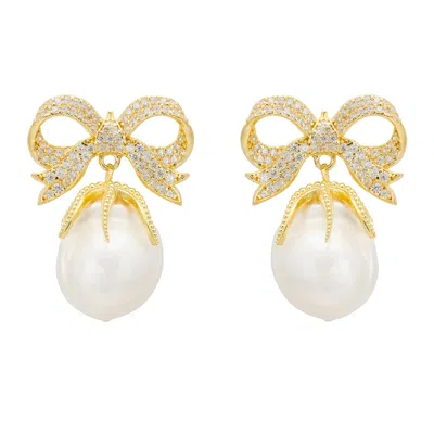 Latelita Women's White / Gold Baroque Pearl Ribbon And Bows Drop Earrings Gold In Multi
