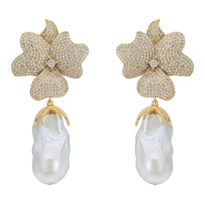 Latelita Women's White / Gold Baroque Pearl White Flower Clip On Drop Earrings Gold In Multi