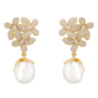 Latelita Women's White / Gold Flowers Pearl Earrings Gold White In Multi