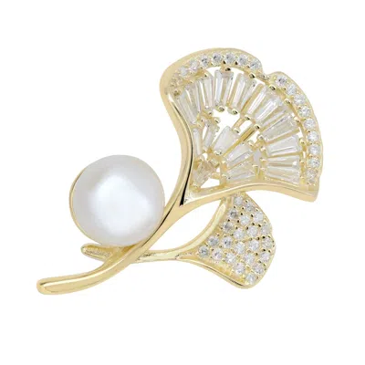 Latelita Women's White / Gold Ginkgo Leaf Baguette Pearl Pin Brooch Gold