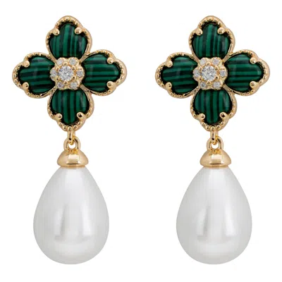 Latelita Women's White / Gold / Green Flower Clover Pearl Drop Earrings Malachite Gold