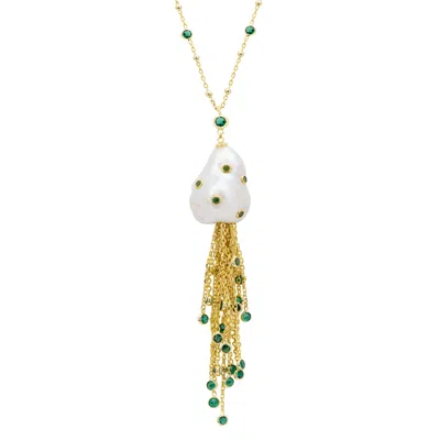 Latelita Women's White / Green / Gold Polka Dot Baroque Pearl Tassel Necklace Gold Emerald In Multi