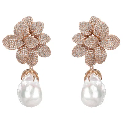 Latelita Women's White / Rose Gold Amaryllis Flower Baroque Pearl Drop Earrings White Rosegold In Multi