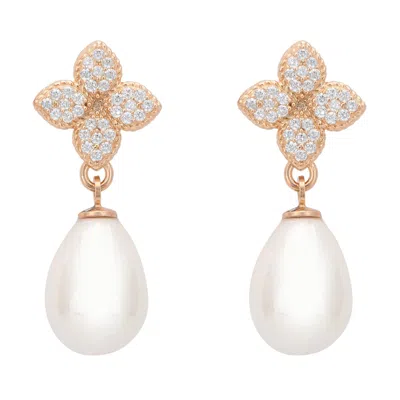 Latelita Women's White / Rose Gold Clover Flower Pearl Drop Cz Earrings Rosegold In Multi