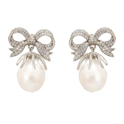 Latelita Women's White / Silver Baroque Pearl Ribbon And Bows Drop Earrings Silver In Multi