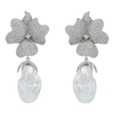 Latelita Women's White / Silver Baroque Pearl White Flower Clip On Drop Earrings Silver In Multi