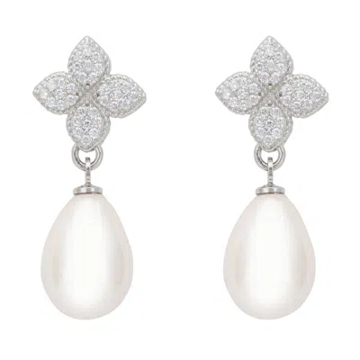 Latelita Women's White / Silver Clover Flower Pearl Drop Cz Earrings Silver In Multi
