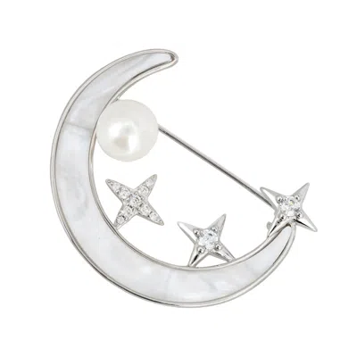 Latelita Women's White / Silver Galileo Mother Of Pearl Moon & Star Brooch Silver