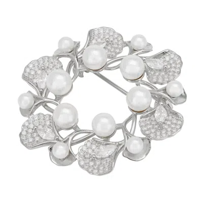 Latelita Women's White / Silver Ginkgo Leaf And Pearl Wreath Brooch Silver