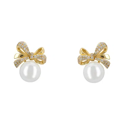 Latelita Women's White / Silver / Gold Ribbon Bow Pearl Stud Earrings Gold In Multi