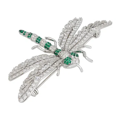 Latelita Women's White / Silver / Green Dragonfly Brooch Silver Emerald Cz