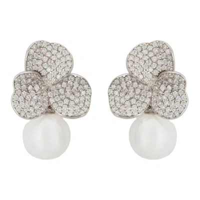 Latelita Women's White / Silver Iris Flower And Pearl Dangle Earrings Silver In Multi